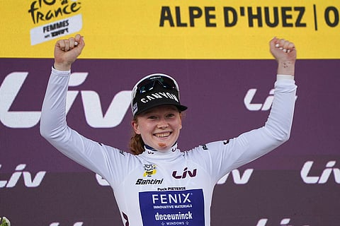Tour de France Women cycling race: Puck Pieterse of The Netherlands, wearing the best young rider's white jersey celebrates after the eighth stage